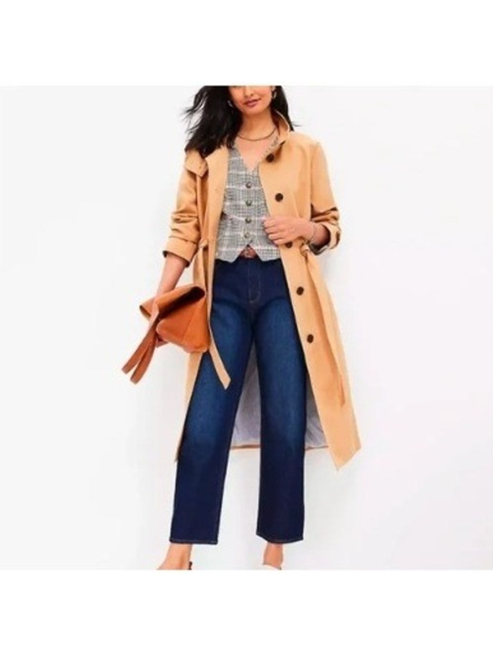 LOFT Women's Camel Tan Cotton Drawstring Waist Trench Coat Petite Size MP